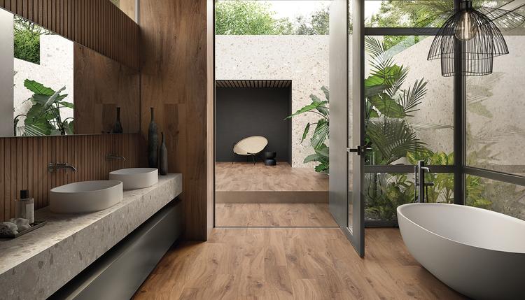 I-Wood | Emilceramica Gres Porcellanato Ergon I-wood Pietra,legno Bagno Sabbia ,rovere Imbrunito Immagine Gallery | Emilceramica