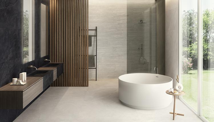 Cornerstone | Emilceramica Gres Porcellanato Ergon Cornerstone Pietra,cemento,marmo,resina Bagno Slate Black ,slate White ,slate White Stone Immagine Gallery | Emilceramica